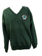 Green polar fleece v neck jumper with school logo