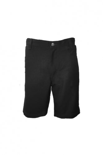 Black shorts with belt loops. Length to just above the knee.